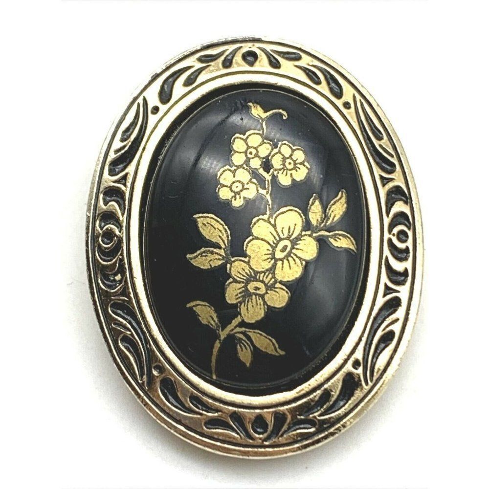 Vintage Scarf Clip Gold Tone Black Gold Flowers